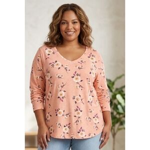 Sonoma Everyday Long Sleeve V-neck Tee Peach Floral Size 3X